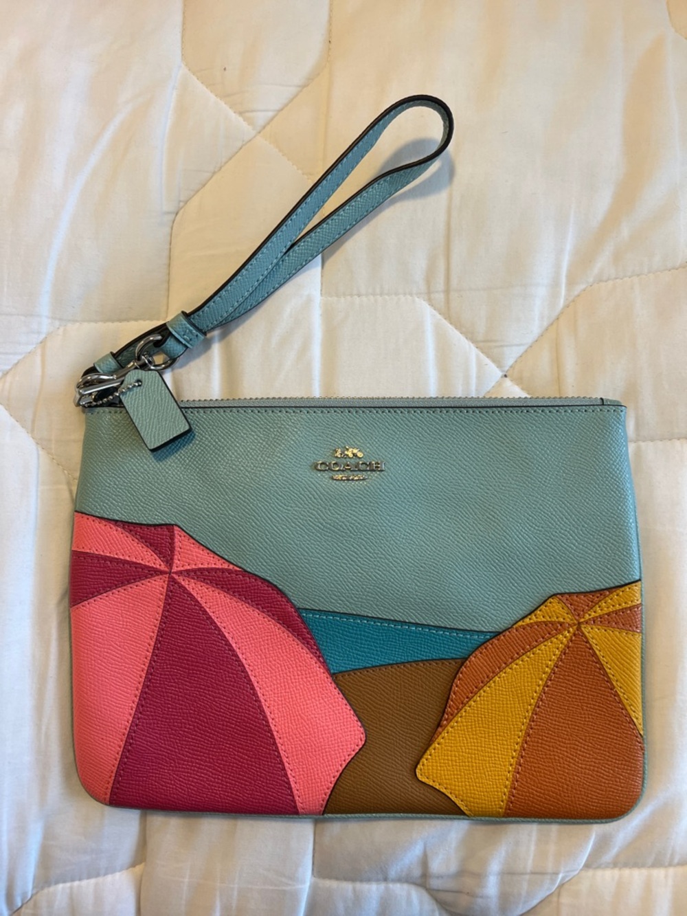 Coach Seafoam Leather Wristlet with Pink & Yellow Umbrella Appliqués